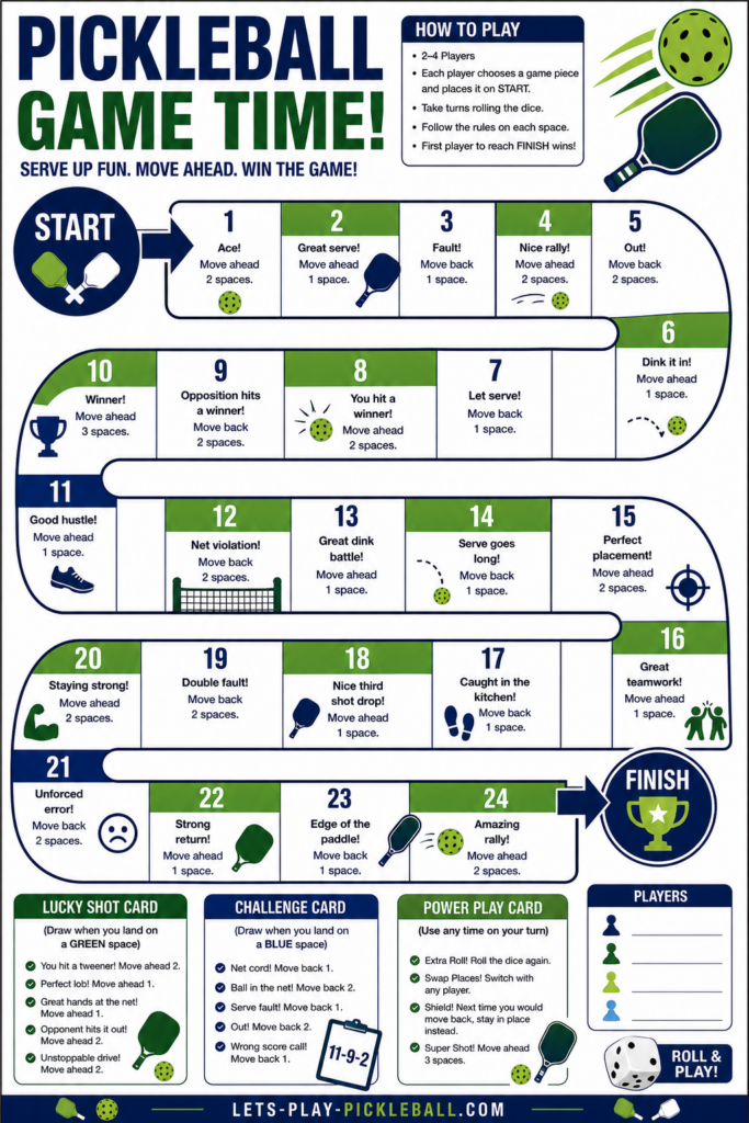 Colorful board game titled Pickleball Game Time! features a winding path, instructions, numbered spaces with actions, pickleball-themed icons, and sections for Lucky Shot, Challenge, and Power Up cards—a must-have for fans of Pickleball Games.