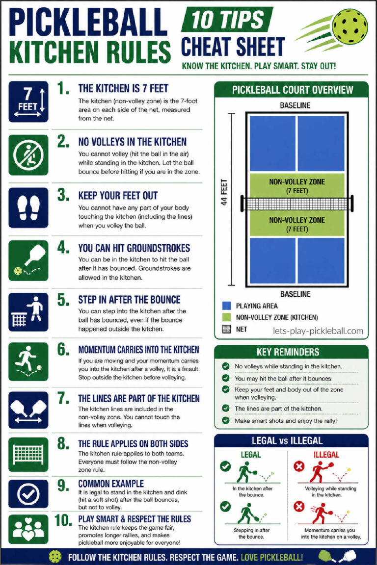 Infographic listing 10 pickleball kitchen rules, with diagrams of the court and the kitchen zone. Key tips include keeping out of the kitchen, stepping in only after the ball bounces, and legal/illegal shots near the kitchen line.