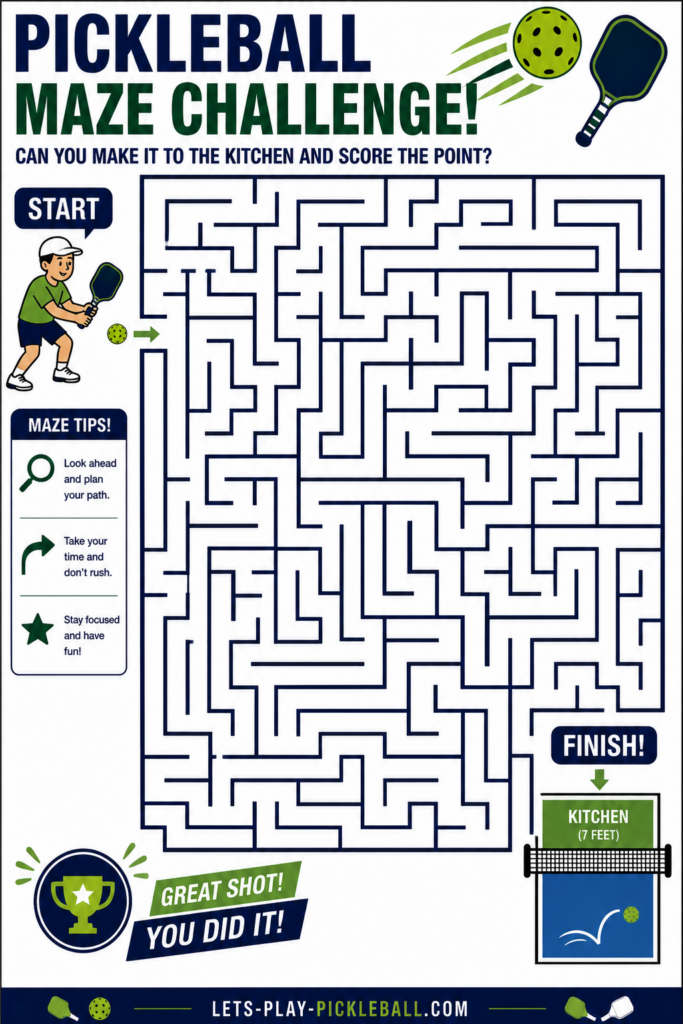 A Pickleball Games-themed maze puzzle featuring a cartoon player at the start and a kitchen area at the finish. Maze tips line the left side, with celebratory graphics at the bottom for completing this exciting challenge.