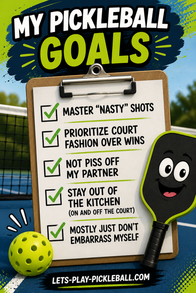A clipboard with a checklist titled My Pickleball Goals sits on a court with a paddle and ball. Goals include mastering nasty shots, court fashion, not angering a partner, staying out of the kitchen, and not embarrassing oneself.
