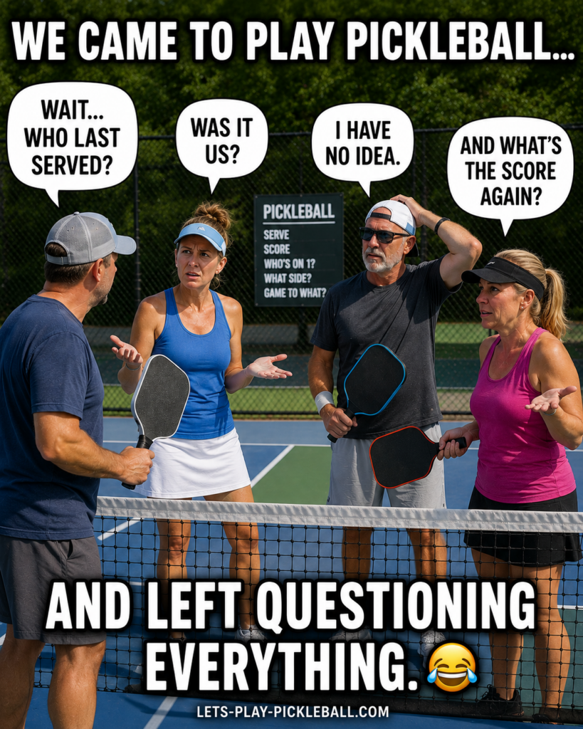 Four adults stand on a pickleball court, holding paddles and looking confused. Speech bubbles show them questioning who last served, what the score is, and who won, with a humorous caption about questioning everything.
