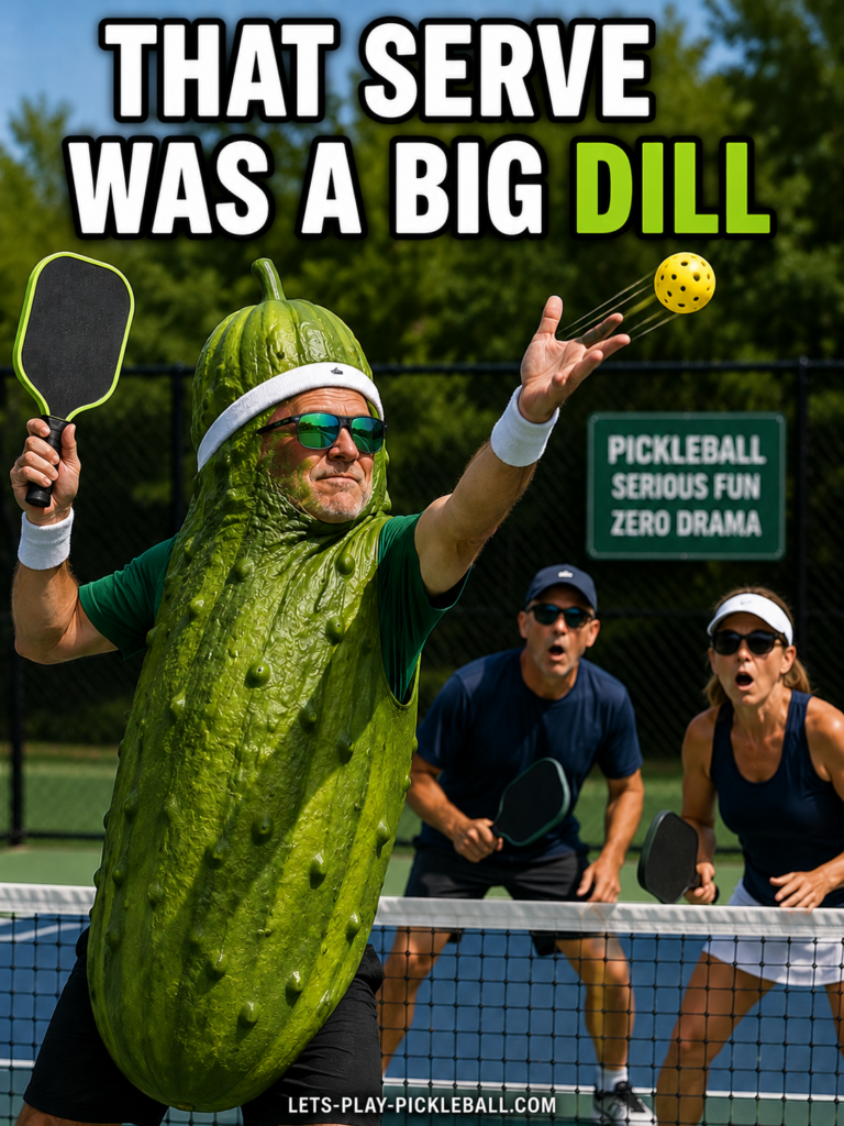 A man in a pickle costume serves a pickleball on an outdoor court, with two surprised players watching. The text above says, That serve was a big dill. A sign in the background reads, Pickleball serious fun zero drama.