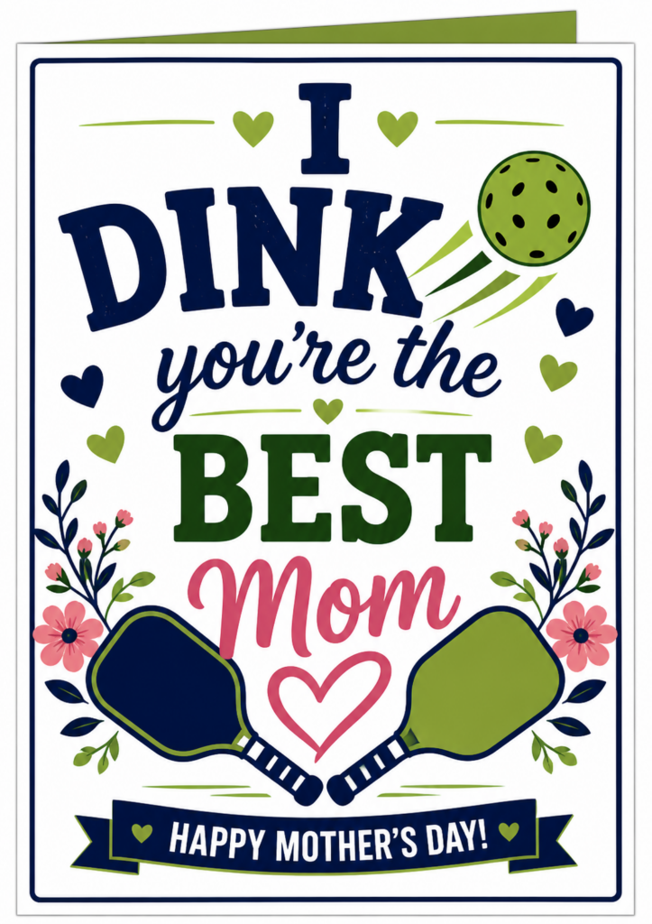 Mother’s Day card with the message “I dink you’re the best mom” featuring a pickleball, two paddles, hearts, and flowers, with “Happy Mother’s Day!” at the bottom.