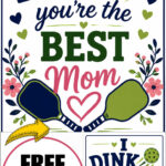 Card with the message I dink youre the best mom featuring a pickleball, two paddles, pink flowers, and hearts. Text at bottom says “Happy Mother’s Day!” Grab this free pickleball mothers day card—“FREE CARD” appears in a yellow-bordered box.