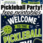 Pickleball Party birthday invitations and posters feature green pickleball paddles, balls, bold Pickleball Party! text, Welcome to the Pickleball Party message, and easy-to-fill event details fields.