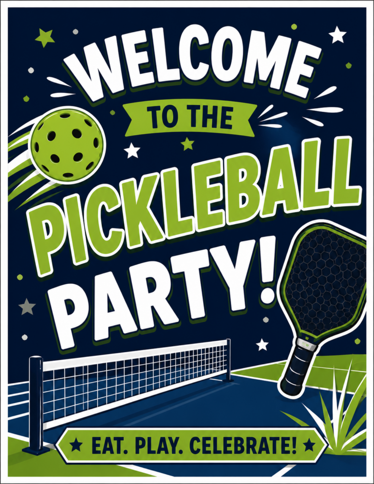 Illustrated sign with the text Welcome to the Pickleball Party! Eat. Play. Celebrate! featuring a green pickleball, paddle, court, and festive stars on a dark blue background—the perfect decor for your Pickleball Party.