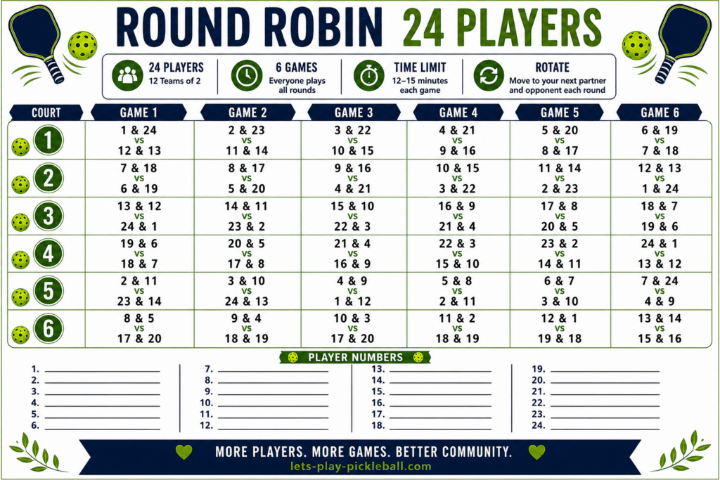 Round robin pickleball schedule with 24 players, divided into 12 teams of 2, across 6 courts and 6 games. Chart lists team pairings and matchups for each game, with player number spaces and green/yellow pickleball graphics.