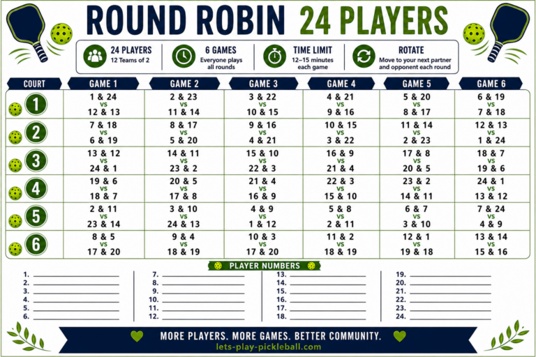 Round robin pickleball schedule with 24 players, divided into 12 teams of 2, across 6 courts and 6 games. Chart lists team pairings and matchups for each game, with player number spaces and green/yellow pickleball graphics.