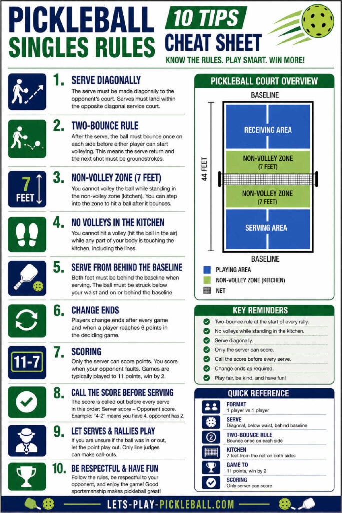 Infographic titled Pickleball Singles Rules: 10 Tips Cheat Sheet with court diagram, key reminders, and ten essential Pickleball Singles Rules for serving, non-volley zone play, scoring basics, and strategic singles gameplay.