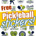A colorful collage of various Free Pickleball Stickers with playful designs and slogans like Dink responsibly, Paddle happy, Eat sleep pickleball repeat, and Let’s play!, promoting fun and enthusiasm for pickleball.