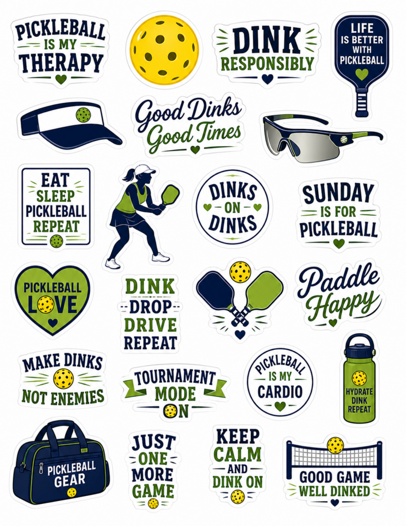 A collection of colorful pickleball-themed stickers, featuring phrases like Pickleball is my therapy, Dink responsibly, and images of paddles, balls, gear, and players in various playful designs.