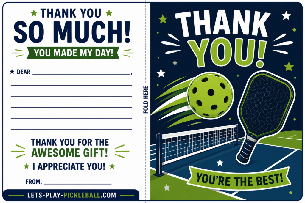 A colorful thank you card with a pickleball paddle, pickleball, and net—perfect for a Pickleball Party. The card says THANK YOU! YOU'RE THE BEST! and THANK YOU SO MUCH! YOU MADE MY DAY! with space to write your own message.