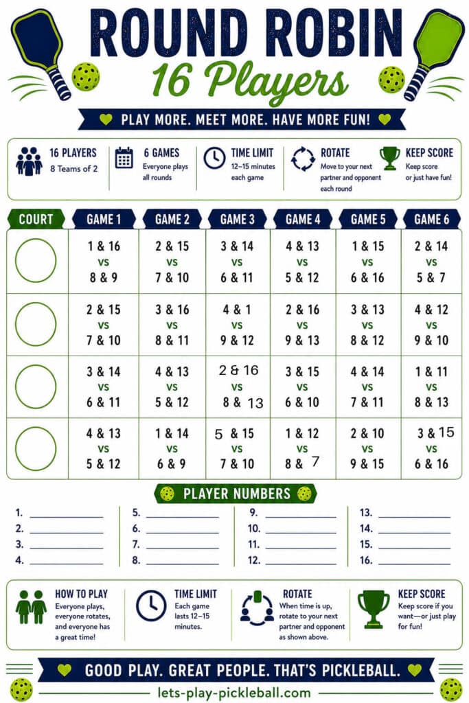 Pickleball round robin 16 Players schedule for 8 doubles teams per game, featuring clear instructions on gameplay, scoring, time limits, and rotating partners across six games on four courts. The green and blue design ensures your Pickleball round robin event is both organized and visually appealing.