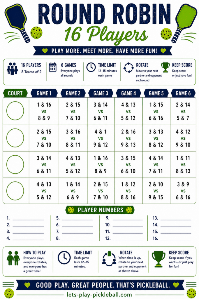 Infographic showing a 16-player round robin pickleball schedule with six games per court. Includes team matchups, rules for rotating players, time limits, and tips for keeping score. Green paddles and pickleballs decorate the design.