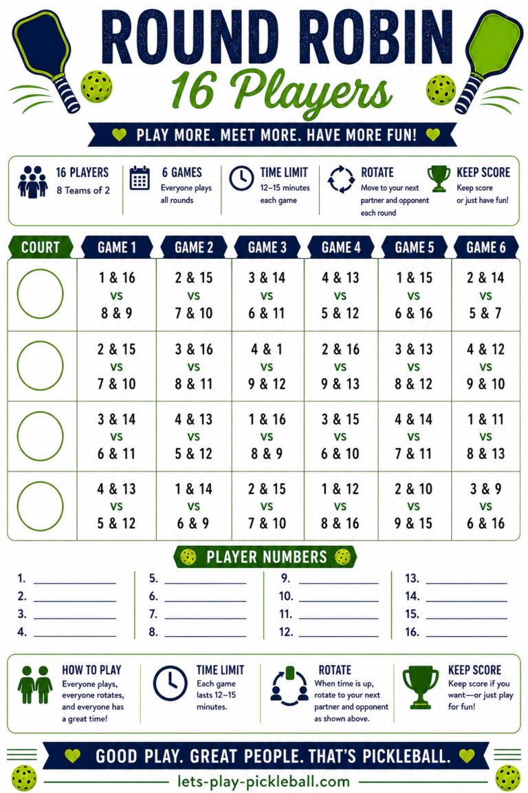 Infographic showing a 16-player round robin pickleball schedule with six games per court. Includes team matchups, rules for rotating players, time limits, and tips for keeping score. Green paddles and pickleballs decorate the design.