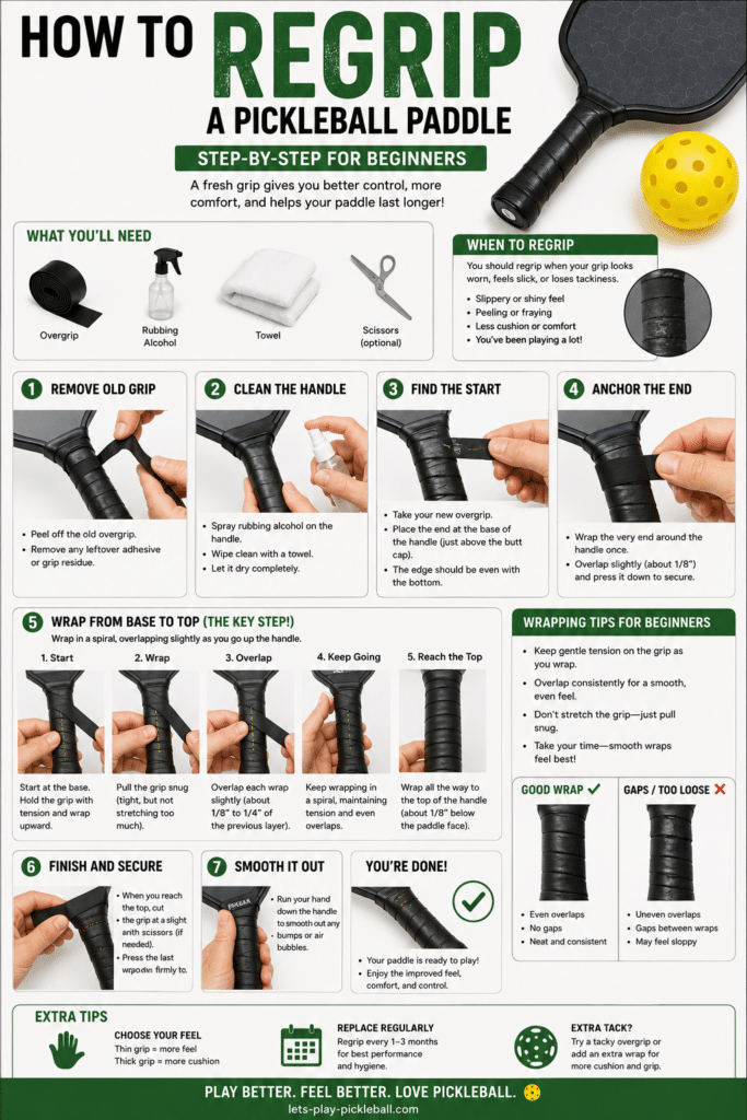Infographic explaining how to regrip a pickleball paddle, showing step-by-step images and instructions, tools needed, tips for beginners, and visuals of correct versus incorrect grip wrapping methods.