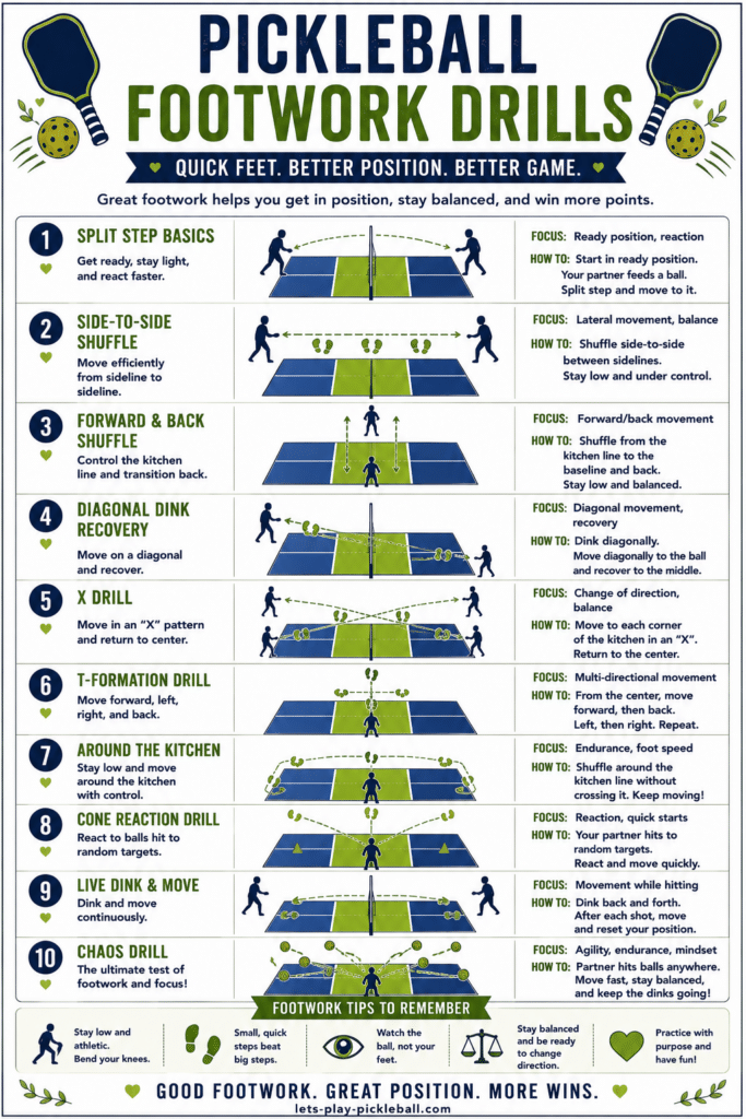 Infographic titled Pickleball Footwork Drills showing 8 labeled court drills with diagrams, step-by-step foot patterns, and focus tips for improving footwork in pickleball games. Green, blue, and yellow color scheme.