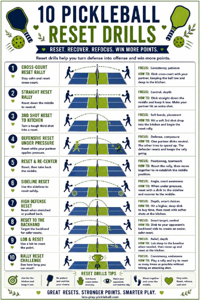 Infographic titled 10 Pickleball Reset Drills displaying illustrated drills with descriptions, tips, and a drill progression chart, all designed to improve pickleball reset skills. Green, blue, and white design with icons.