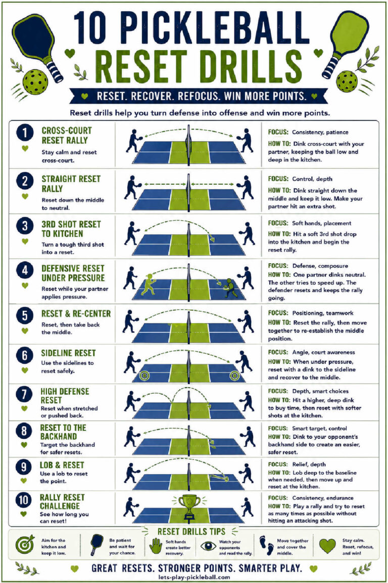 Infographic titled 10 Pickleball Reset Drills displaying illustrated drills with descriptions, tips, and a drill progression chart, all designed to improve pickleball reset skills. Green, blue, and white design with icons.