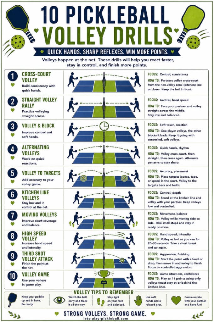 Infographic titled 10 Pickleball Volley Drills with illustrated courts and step-by-step drill instructions for improving volley skills, including drills, key points, and how-to tips. Green, blue, and white color scheme.