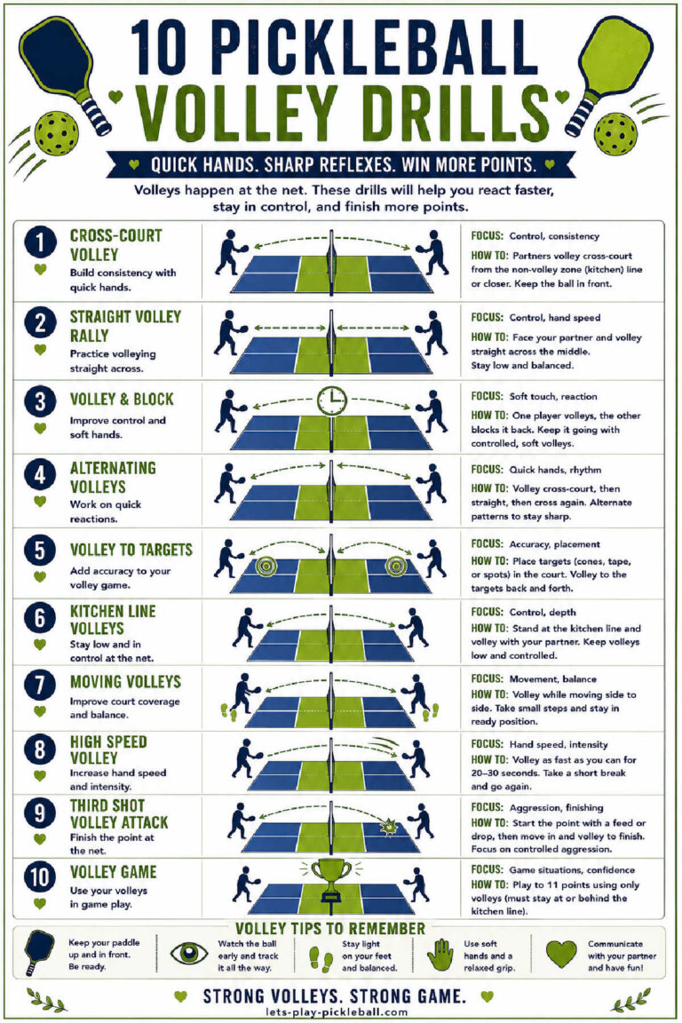 Infographic titled 10 Pickleball Volley Drills with illustrated courts and step-by-step drill instructions for improving volley skills, including drills, key points, and how-to tips. Green, blue, and white color scheme.
