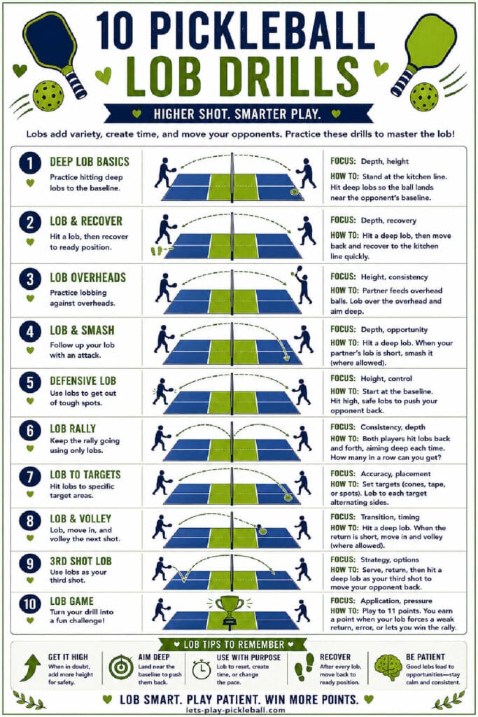 Infographic listing 10 Pickleball Lob Drills with diagrams, tips, and focus points for each drill. Green and blue colors, pickleball paddles, and court illustrations are shown. Title: 10 Pickleball Lob Drills.