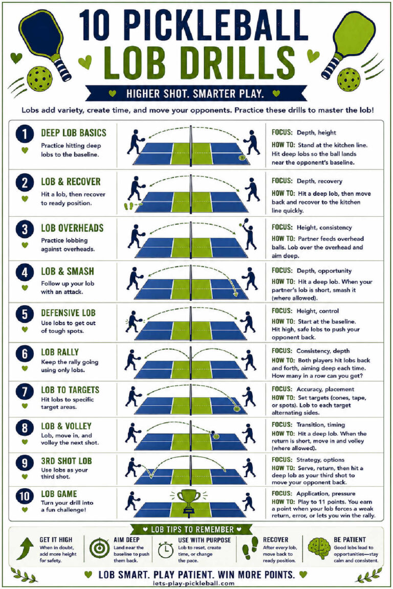 Infographic listing 10 Pickleball Lob Drills with diagrams, tips, and focus points for each drill. Green and blue colors, pickleball paddles, and court illustrations are shown. Title: 10 Pickleball Lob Drills.