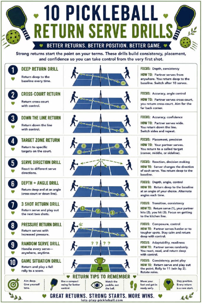 Infographic titled 10 Pickleball Return Serve Drills shows diagrams and brief instructions for each drill, plus key return tips at the bottom. Blue courts with players illustrate each drill step-by-step.