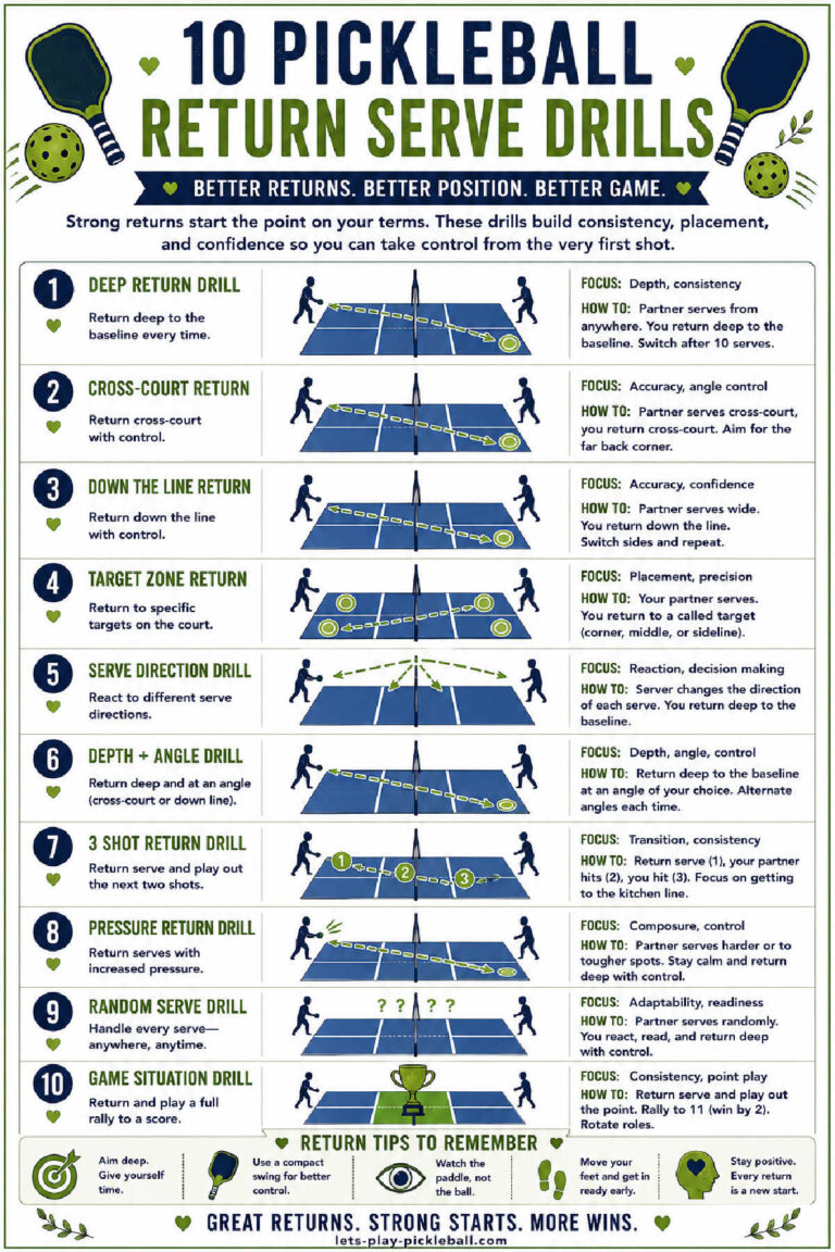 Infographic titled 10 Pickleball Return Serve Drills shows diagrams and brief instructions for each drill, plus key return tips at the bottom. Blue courts with players illustrate each drill step-by-step.