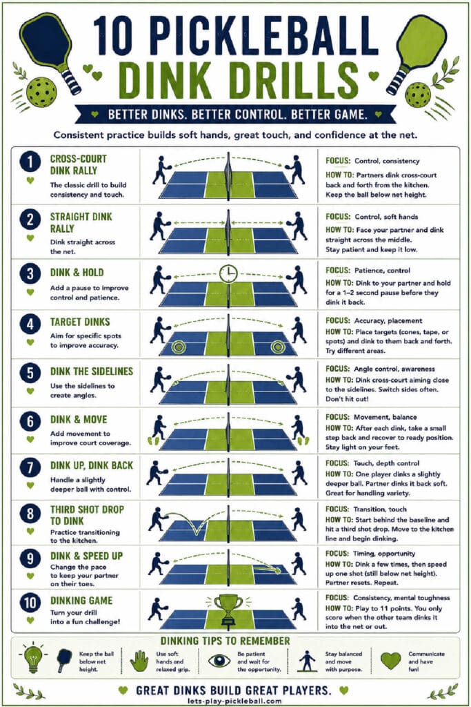 Infographic titled 10 Pickleball Dink Drills listing ten numbered practice exercises for pickleball players, including instructions, goals, and a section of general dinking tips at the bottom.